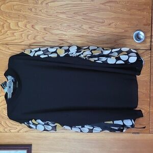 Ashley Stewart black blouse with flowing sheer black, whit and yellow sleeves